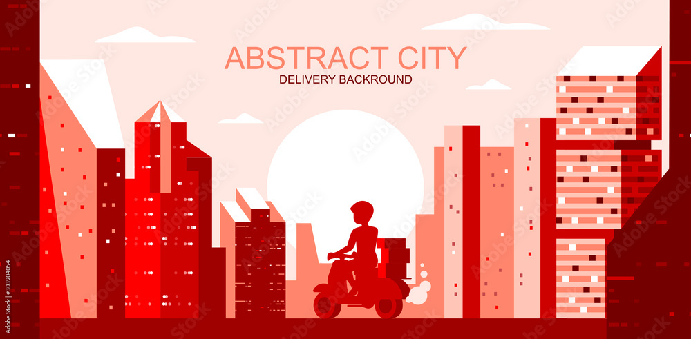 Poster vector illustration in simple flat style - city landscape with courier on scooter - abstract transpo