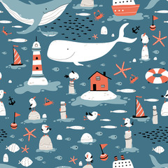 Modèle sans couture marin. Illustration enfantine dans un style scandinave simple dessiné à la main. Animaux et poissons mignons. Baleines, requins, mouettes, etc. Phare, maison nordique, bateaux.