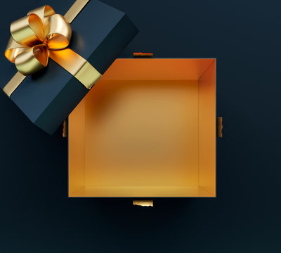 Opening black gift box with golden shiny bow on black background 3D Rendering