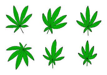 Outline green hemp collection. Hand drawn green cannabis set. Botanic vector illustration.