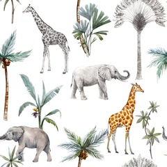 Foto op geborsteld aluminium Olifant Aquarel naadloze patronen met safari dieren en palmbomen. Olifant giraf.