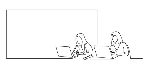 Continuous one line drawing of business presentation - business coach sitting with a laptop behind screen