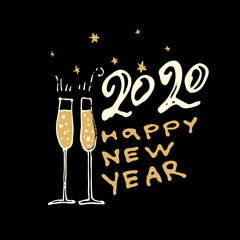 Happy New Year 2020 Vector Text Background. Figure champagne glasses and text on black background. Hand drawn inscription, calligraphic design. Vector illustration