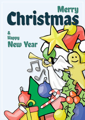 Festive christmas card in cartoon style full with christmas ornament background on magazine style