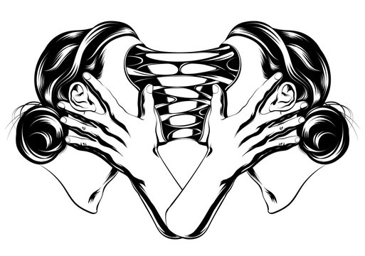 Vector hand drawn illustration of two surreal girls isolated. Creative tattoo artwork. Template for card, poster. banner, print for t-shirt, pin, badge, patch.