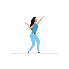 Young happy dancing woman isolated on a white background. A smiling young woman is enjoying a dance party. Flat style. Vector illustration