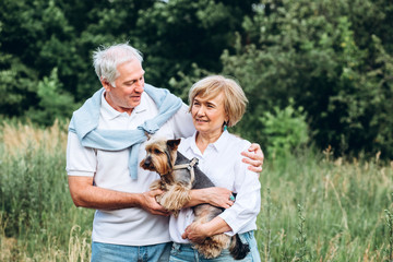 Naklejka na ściany i meble A mature couple is walking with a dog in a park. Elderly couple resting in nature with a dog. Close-up portrait of an elderly man and woman in white shirts and jeans. Stylish and modern grandparents.