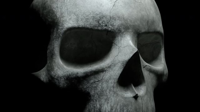 Human skull on an isolated black background. Texture cracked skeleton bone close up. The light turns on and off. 3d render