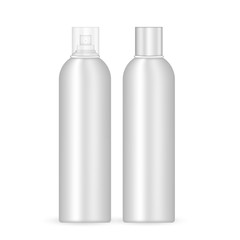 Deodorant spray silver metallic bottle vector mockup with a cap on and off, isolated on white background.  Template ready for marketing, branding. Perfume, aerosol, body mist, hairspray blank package.
