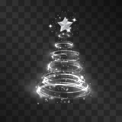 Swirl pyramid Christmas silver fir tree light effect isolated on transparent background. Neon shine silhouette decor for posters, banners, web-sites. Glitter vortex holiday symbol, party illumination
