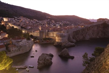 view to Dubrovnik old town with ancient city walls at dawn