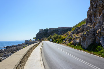 view of the towers and the wall of the fortress of Fortezza from the road