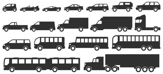 Cars and truck silhouettes isolated on white background
