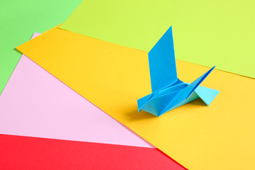 Origami bird on color background