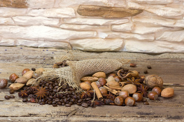coffee beans, nuts and spices