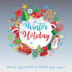 Happy New Year and Merry Christmas Winter Holiday greeting card vector template with Christmas ball, Santa, Snowman, tree, wreath, stars, toys icons, kids party cartoon