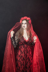witch vampire girl in red dress with red veil - 303910854