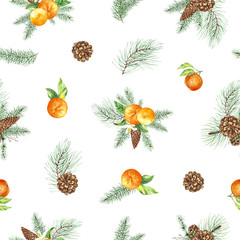 watercolor christmas pattern pine branches, cones, orange fruit. Happy New Year