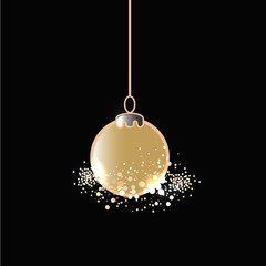 Christmas golden ball on dark background. Vector Illustration