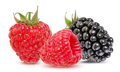 Fresh raspberries and blackberries isolated on white background