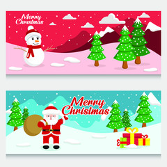 Obraz na płótnie Canvas stock vector set of cute christmas outdoor with snowman and santa claus banner. christmas poster, greeting cards, header, website. vector illustration background