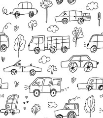 Hand drawn seamless pattern with linear black cars and trees. Transport drawn in childish doodle style. Perfect for nursery design