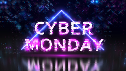 Cyber monday sale glitch neon symbol on abstract futuristic background