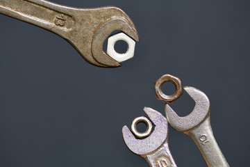 Horn wrenches with nuts. Horn wrench with nut. Imitation of feeding chicks.