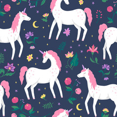 Cute unicorn fairy tail seamless vector pattern. Horses with horns on a dark background with flowers, stars and the moon. Perfect for children room design
