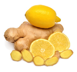 Ginger root and lemon isolated on a white background