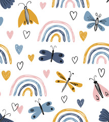 Skandinavisches nahtloses Muster mit Regenbogen, Herzen, Schmetterlingen. Handgezeichnete süße Textur. Moderne Verzierung im Vektor. Perfekt für Stoff oder kindliches Design