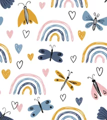 Tuinposter Scandinavisch naadloos patroon met regenbogen, harten, vlinders. Hand getekende schattige textuur. Moderne sieraad in vector. Perfect voor stof of kinderachtig design © Ana Zhulina