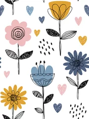 Fototapeten Skandinavische Volksblumen nahtloses Muster. Handgezeichnete einfache Textur. Moderne Blumenverzierung im Vektor. Perfekt für Stoff oder kindisches Design © Ana Zhulina