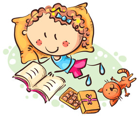 Girl is reading a book with his cat