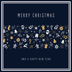 Christmas icon elements border decoration card with greeting text blue background.