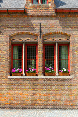 Fototapeta na wymiar Ancient building facade with flower bed on window