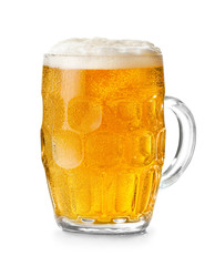 Mug of fresh beer on white background