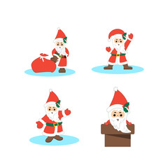 Funny Santa Claus character with bag with presents, waving and greeting. For Christmas cards, banners, tags and labels. Isolated on white background. Vector