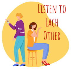 Listen to each other flat poster vector template. Cheating situation isolated cartoon characters on yellow. Chatting with lover. Woman flirting on phone. Banner design layout with text