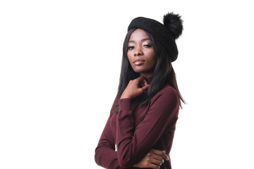 Portrait attractive afro-american model in black bonnet.