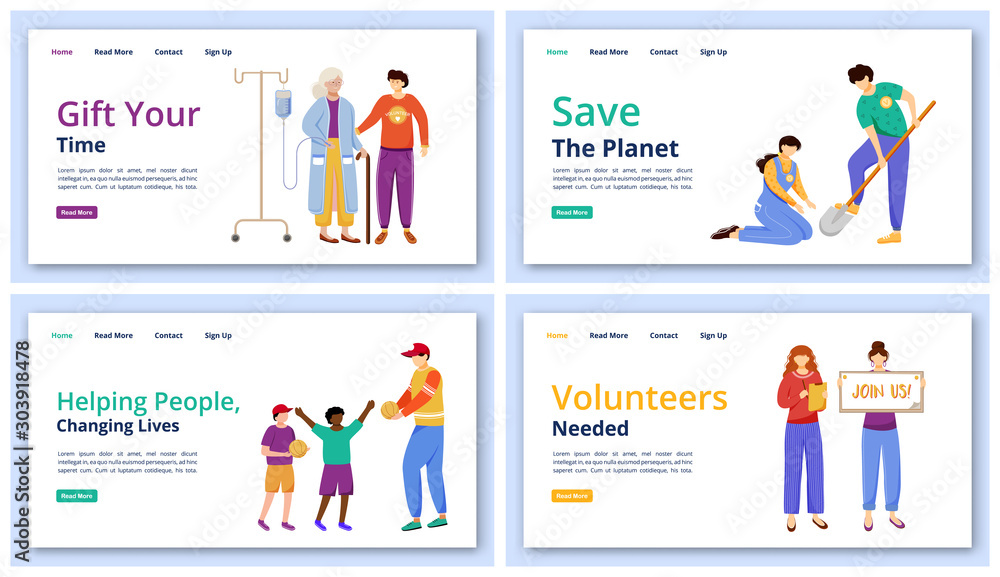 Poster charity activities landing page vector templates set. volunteering website ui idea with flat illustr
