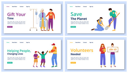 Fototapeta na wymiar Charity activities landing page vector templates set. Volunteering website UI idea with flat illustrations. Community services homepage layout. People and ecology care web banner cartoon concept