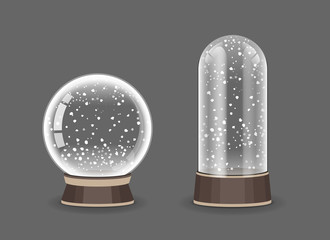 Crystal Sphere and Dome. Snowglobe set vector illustration. Empty snow globe. Transparent glass ball.