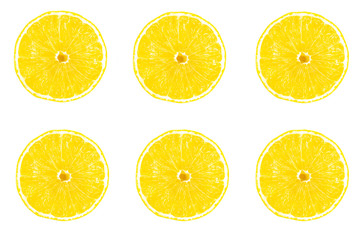 Top view of ripe fresh juicy round slices, pieces of lemon yellow citrus fruit. Cut lemon, clipping path isolated on white background. Healthy vegan or vegetarian food concept. Vitamin C benefits.