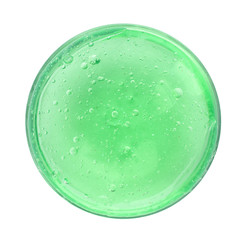 Green slime in plastic container isolated on white, top view. Antistress toy