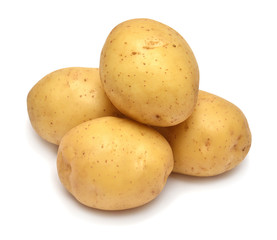 Group young potato isolated on white background. Harvest new. Flat lay, top view