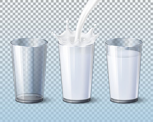 Milk splash pouring in glass cup, vector 3d mockup