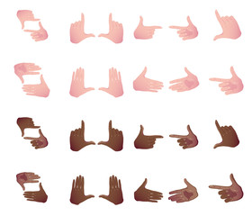 Big set black and white Hands making frame for video or photo. Various combinations of frames made from fingers. Vector isolated set.