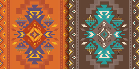 Cotton fabric Aztec, Navajo geometric seamless patterns. Native American Southwest prints. Ethnic design wallpaper, fabric, cover, textile, rug, blanket.