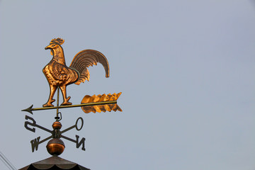Nice weathercock on a roof with blue sky background